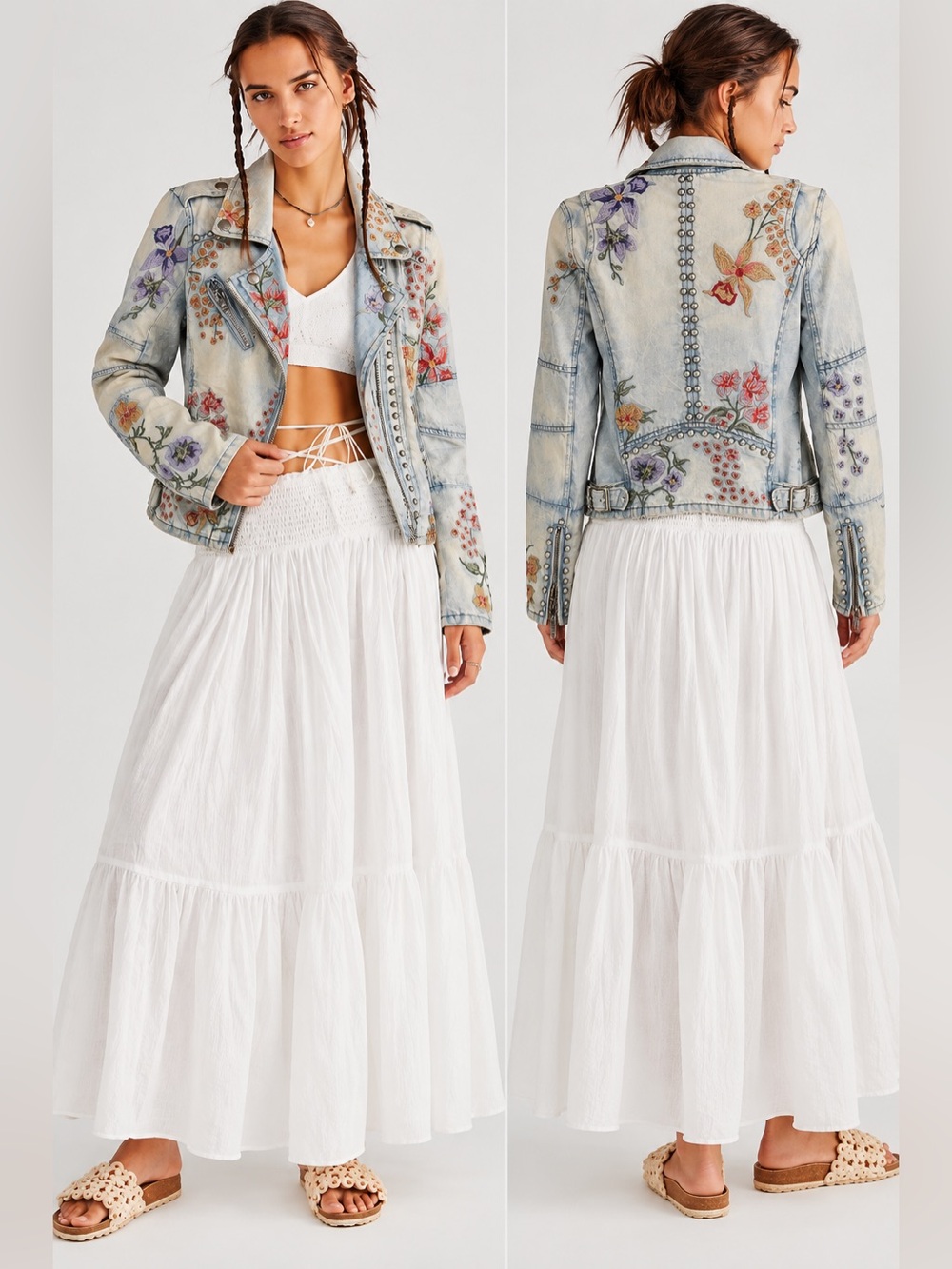 Blank NYC Light Wash Denim Jacket with Multicolor Floral Embroidery